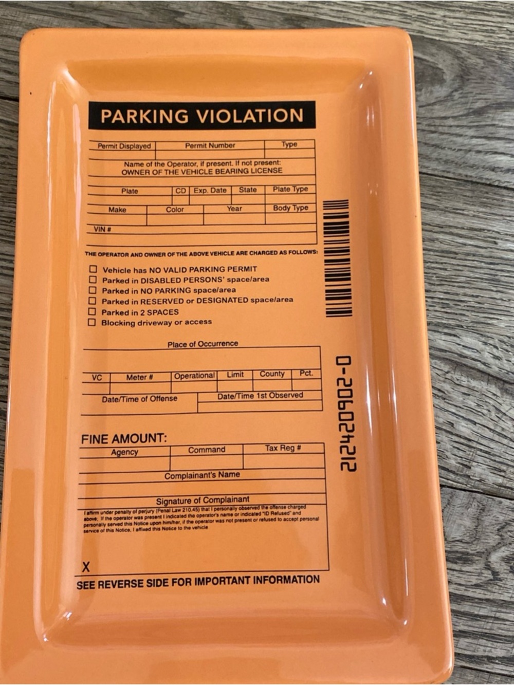 Fishs Eddy Orange 'Parking Violation' Ticket Catchall Tray